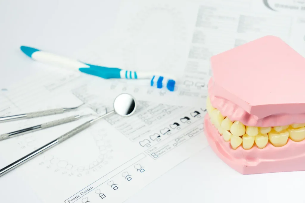Maqueta de dentadura con instrumentos odontológicos y un odontograma